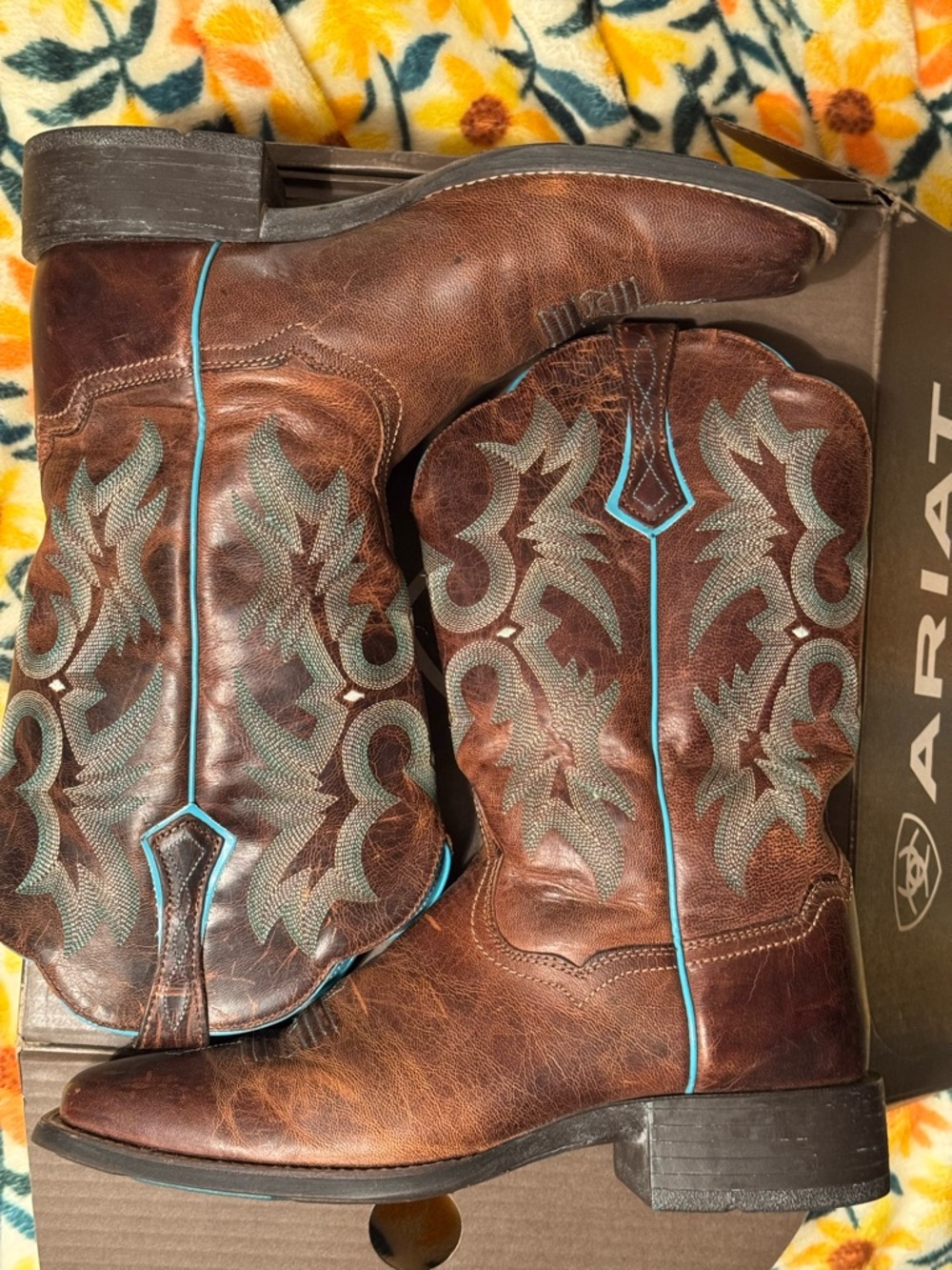 Ariat “Tombstone” Leather Western Boots with Blue turquoise Accents